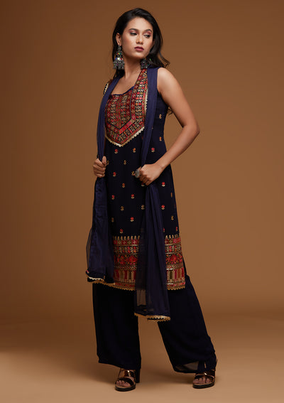 Navy Blue Threadwork Georgette Designer Salwar Suit - Koskii