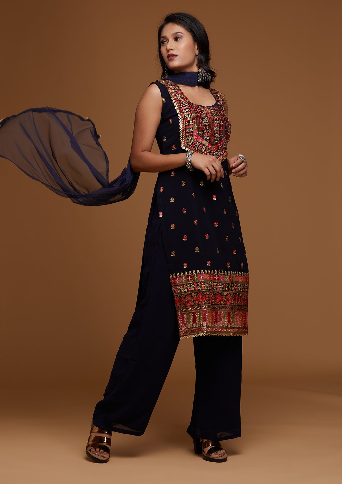 Navy Blue Threadwork Georgette Designer Salwar Suit - Koskii