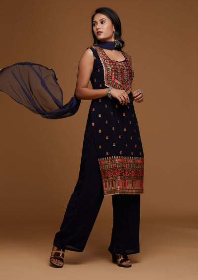 Navy Blue Threadwork Georgette Designer Salwar Suit - Koskii