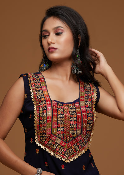 Navy Blue Threadwork Georgette Designer Salwar Suit - Koskii