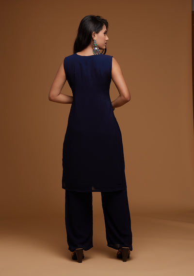 Navy Blue Threadwork Georgette Designer Salwar Suit - Koskii