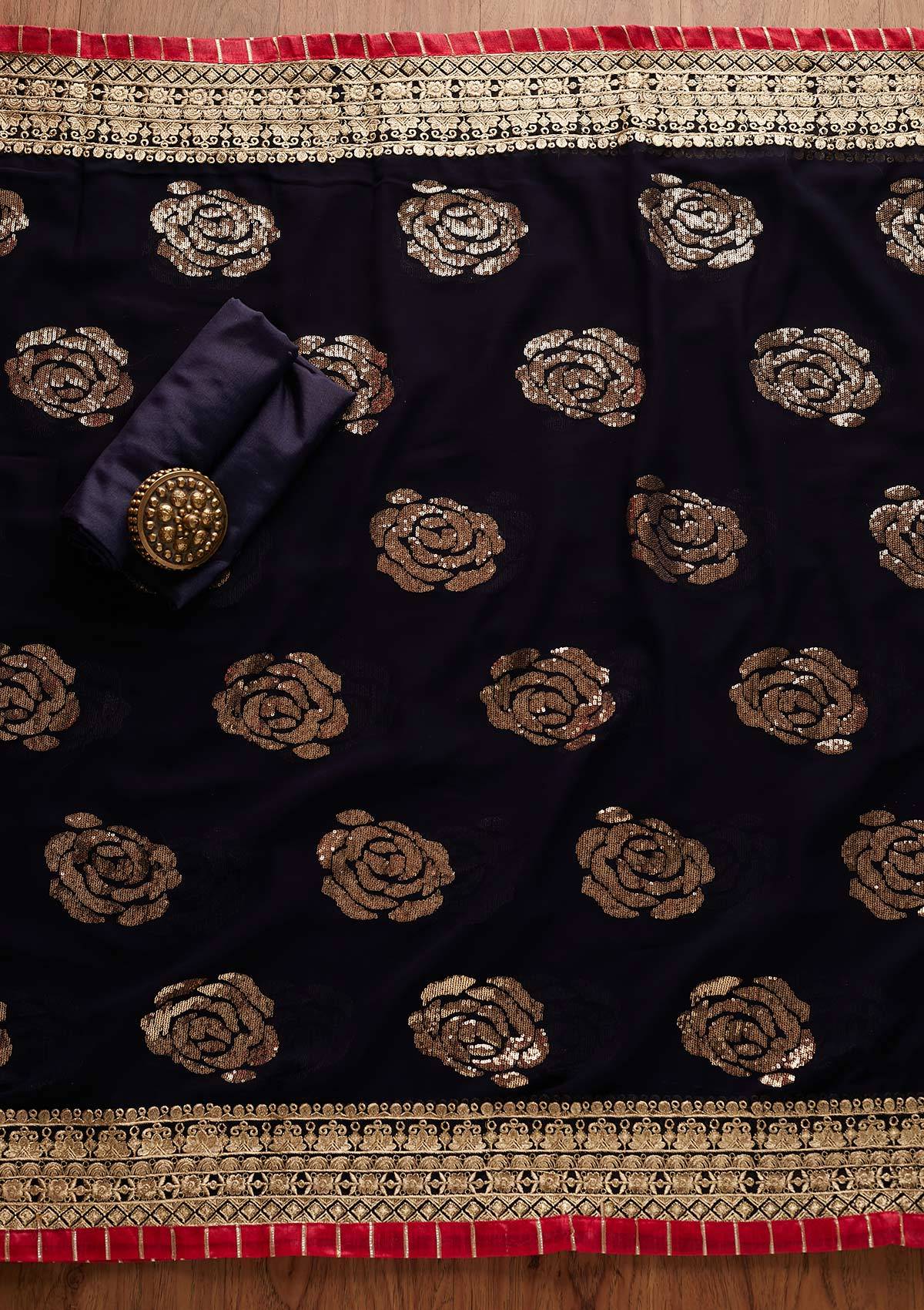Navy Blue Threadwork Georgette Designer Semi-Stitched Salwar Suit - Koskii