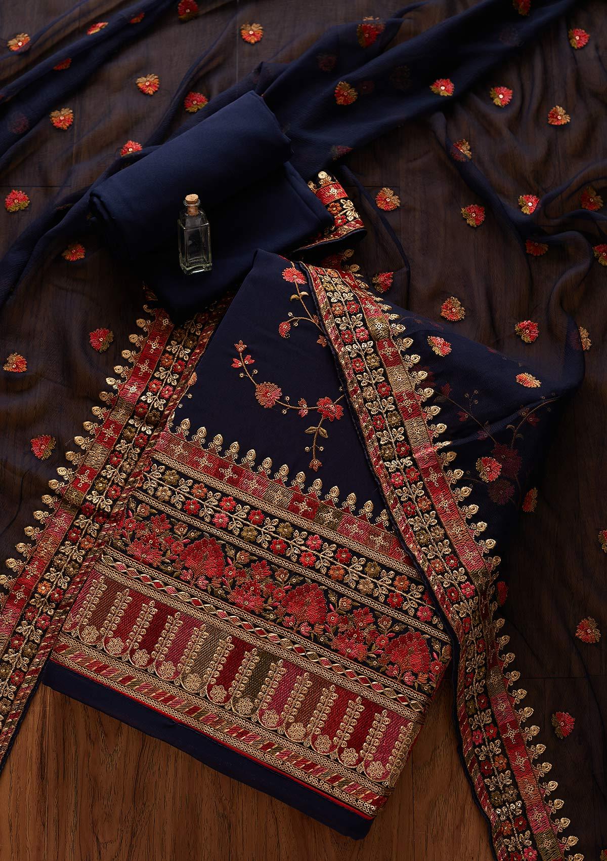 Navy Blue Threadwork Georgette Designer Unstitched Salwar Suit - koskii
