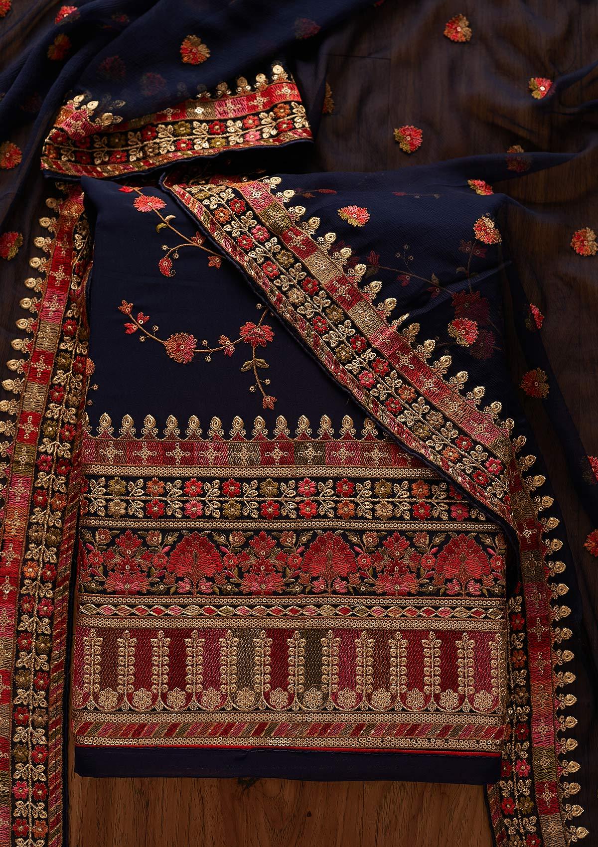Navy Blue Threadwork Georgette Designer Unstitched Salwar Suit - koskii