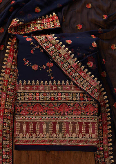 Navy Blue Threadwork Georgette Designer Unstitched Salwar Suit - koskii
