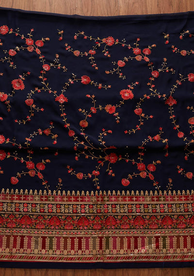 Navy Blue Threadwork Georgette Designer Unstitched Salwar Suit - koskii