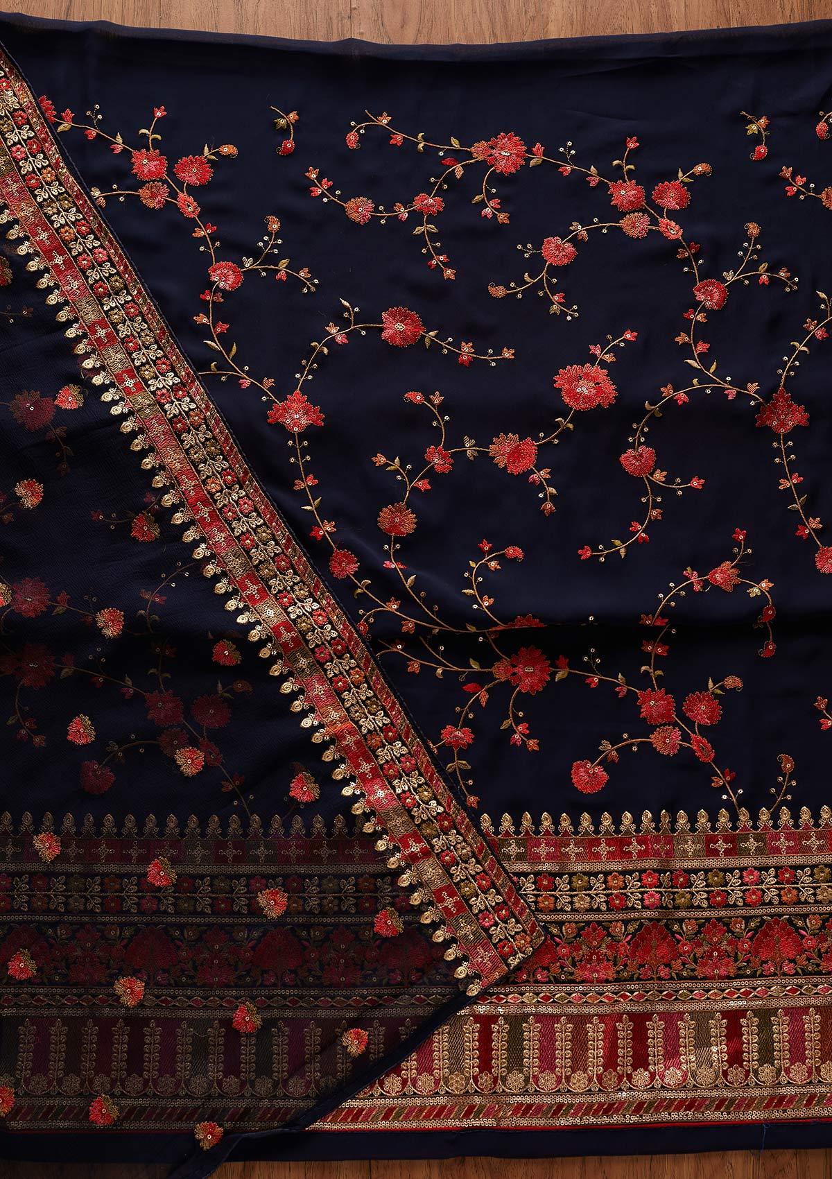 Navy Blue Threadwork Georgette Designer Unstitched Salwar Suit - koskii