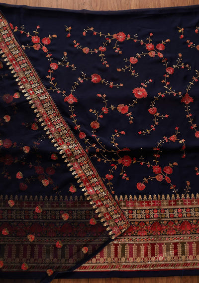 Navy Blue Threadwork Georgette Designer Unstitched Salwar Suit - koskii