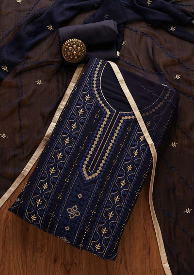 Navy Blue Threadwork Georgette Designer Unstitched Salwar Suit - Koskii