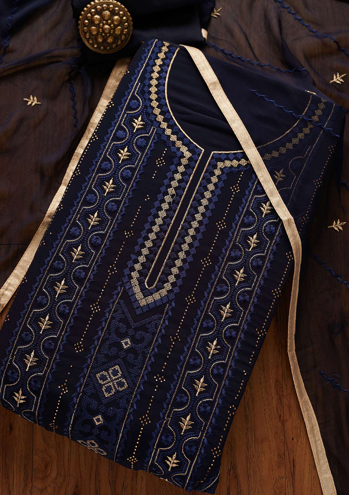 Navy Blue Threadwork Georgette Designer Unstitched Salwar Suit - Koskii