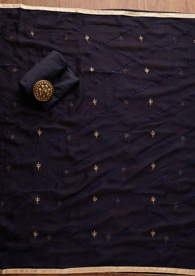 Navy Blue Threadwork Georgette Designer Unstitched Salwar Suit - Koskii