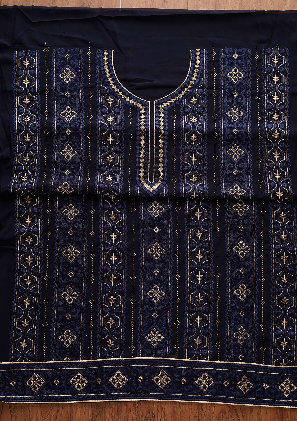 Navy Blue Threadwork Georgette Designer Unstitched Salwar Suit - Koskii