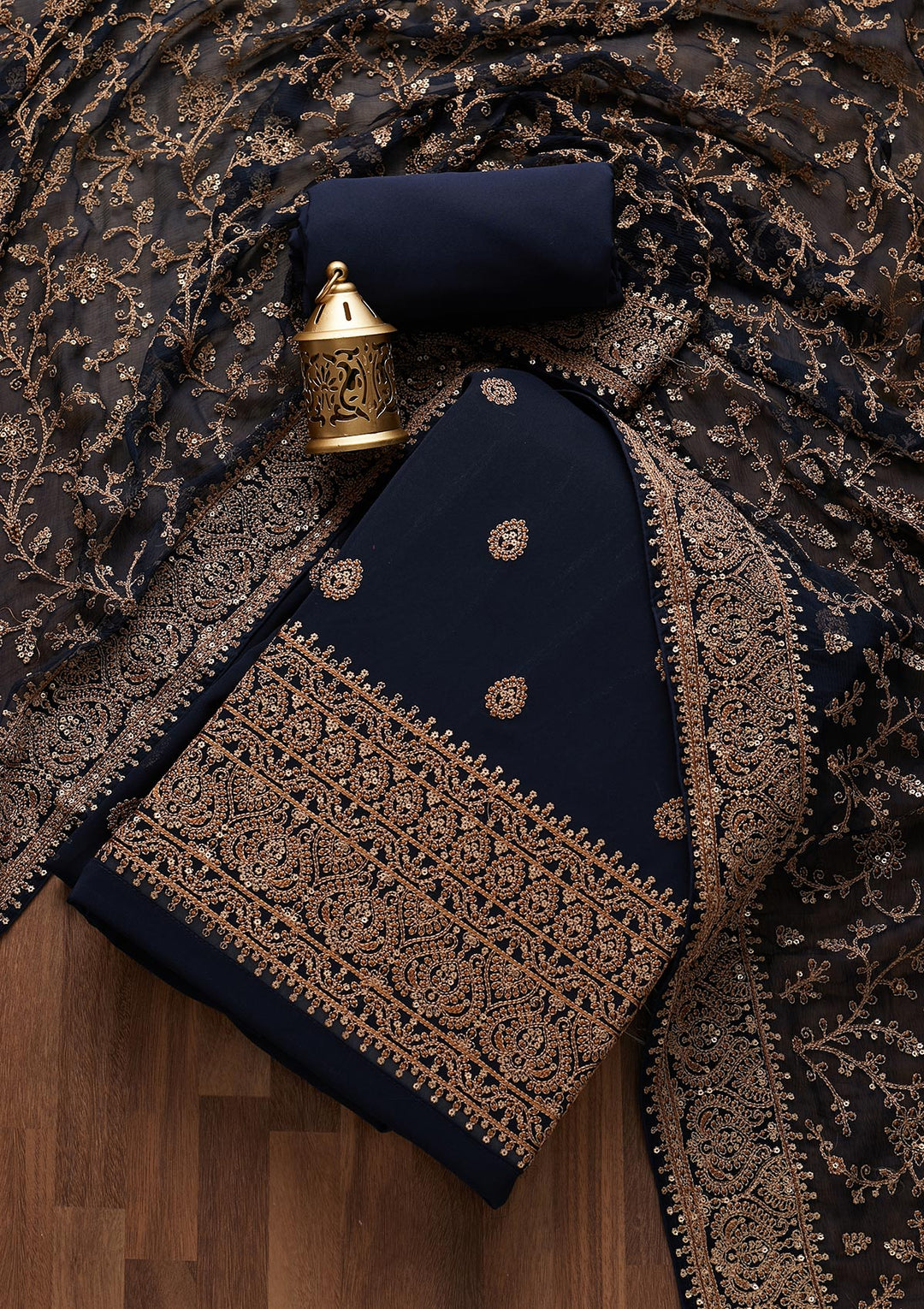 Navy Blue Threadwork Georgette Unstitched Salwar Suit- Koskii