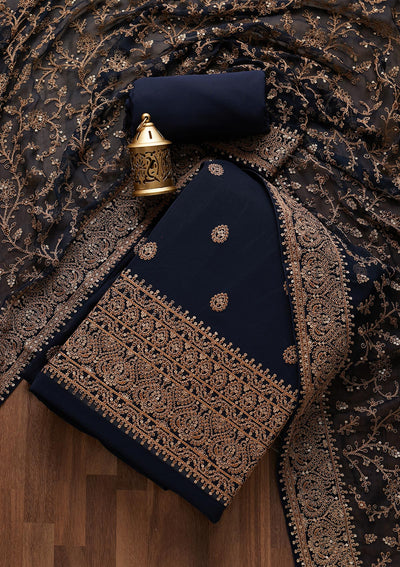 Navy Blue Threadwork Georgette Unstitched Salwar Suit- Koskii