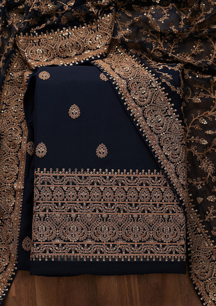 Navy Blue Threadwork Georgette Unstitched Salwar Suit - Koskii