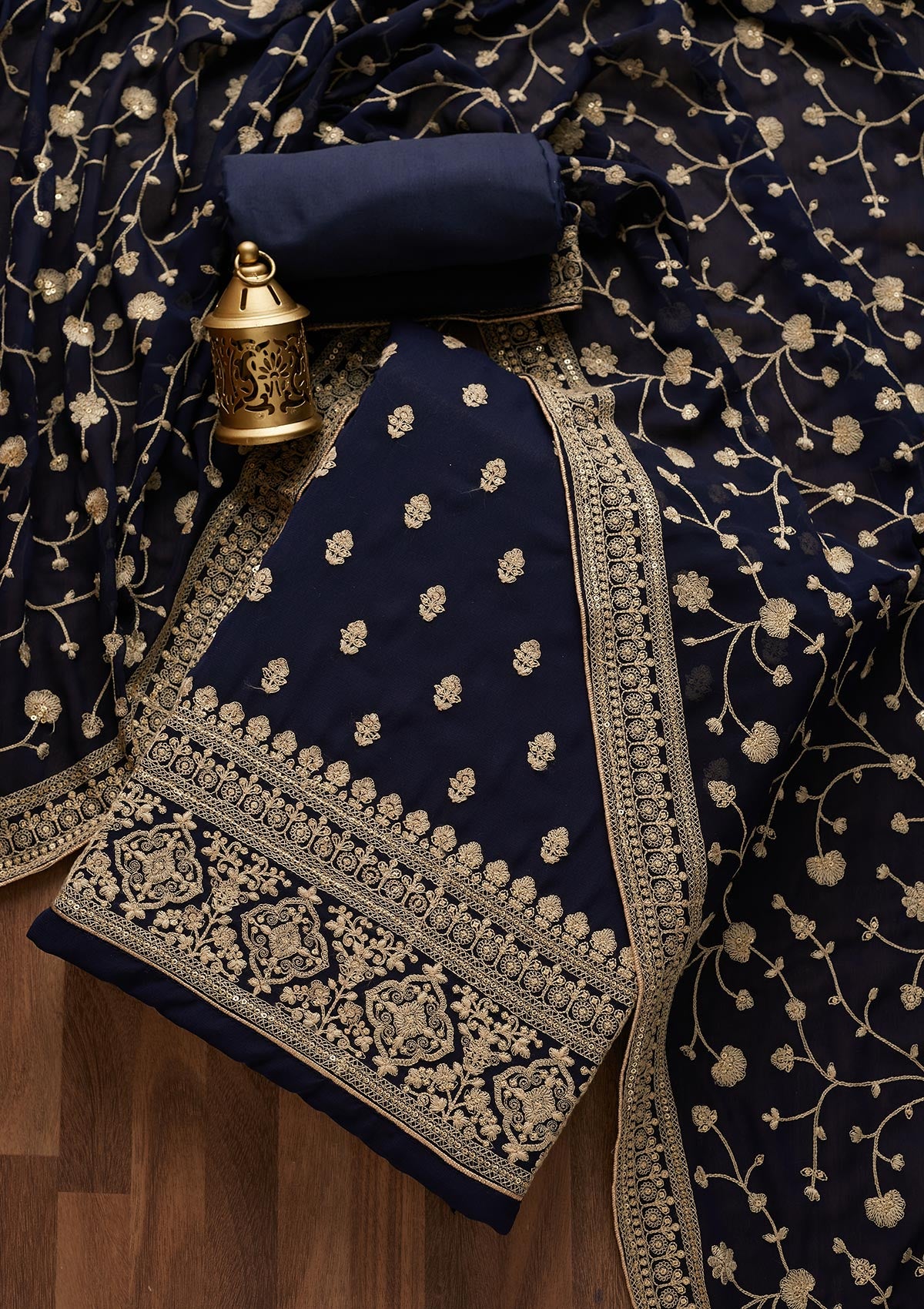 Navy Blue Threadwork Georgette  Unstitched Salwar Suit- Koskii