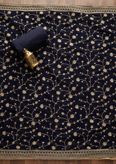 Navy Blue Threadwork Georgette  Unstitched Salwar Suit - Koskii