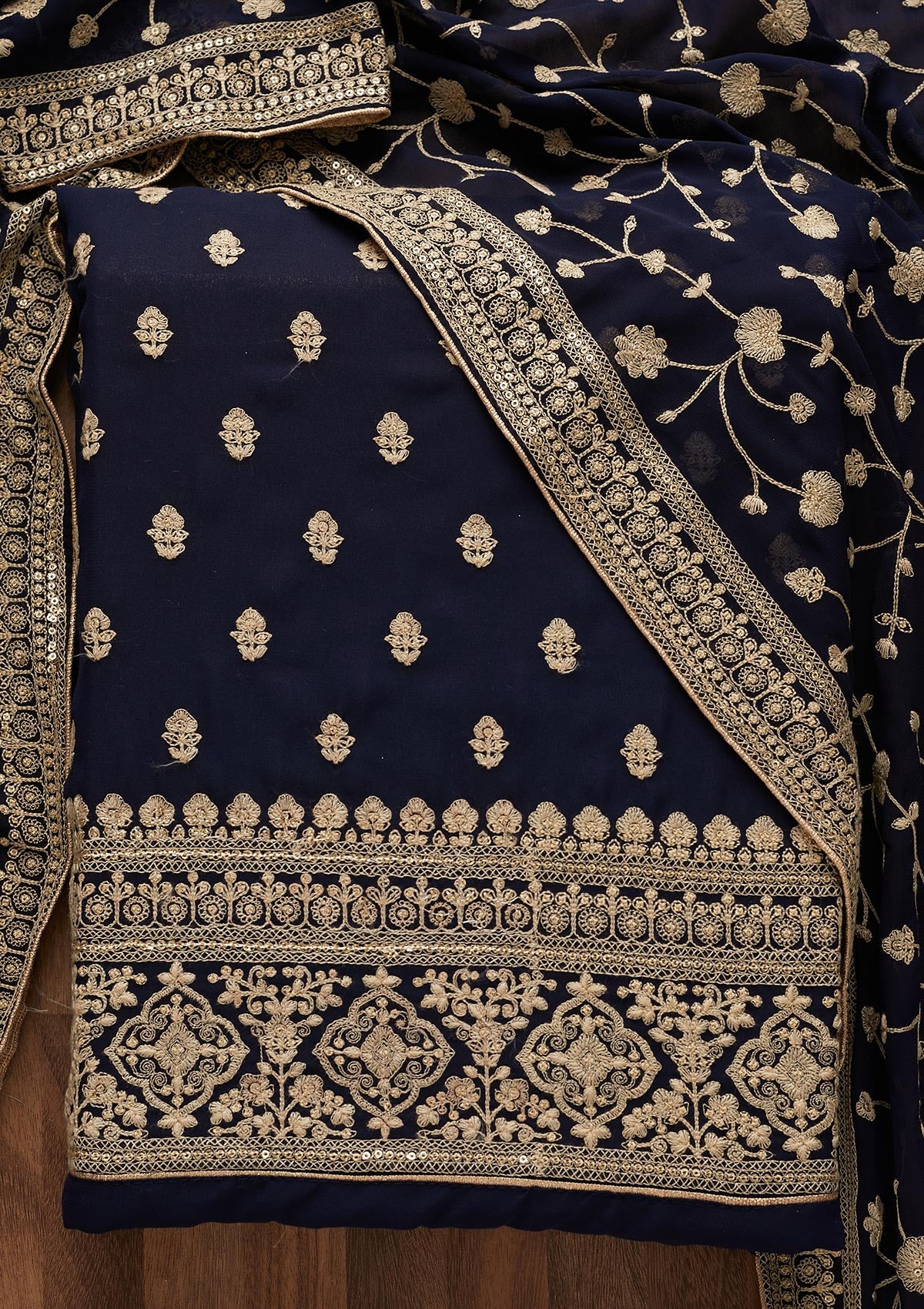 Navy Blue Threadwork Georgette  Unstitched Salwar Suit - Koskii
