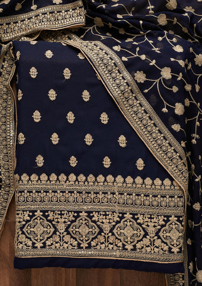 Navy Blue Threadwork Georgette  Unstitched Salwar Suit - Koskii