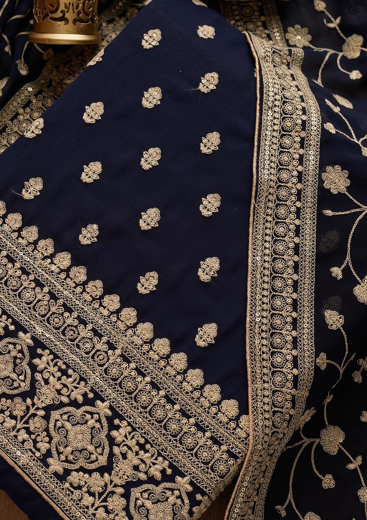 Navy Blue Threadwork Georgette  Unstitched Salwar Suit - Koskii