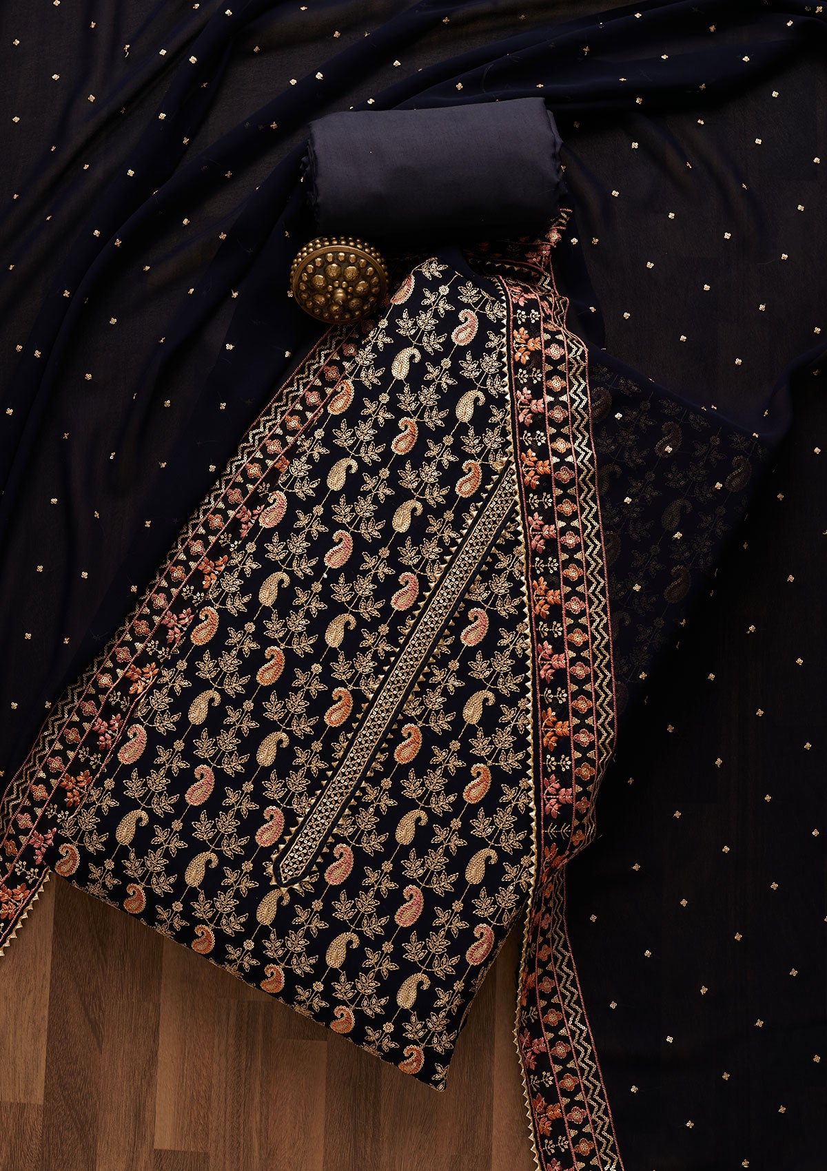 Navy Blue Threadwork Georgette Unstitched Salwar Suit-Koskii