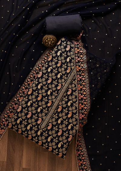 Navy Blue Threadwork Georgette Unstitched Salwar Suit-Koskii
