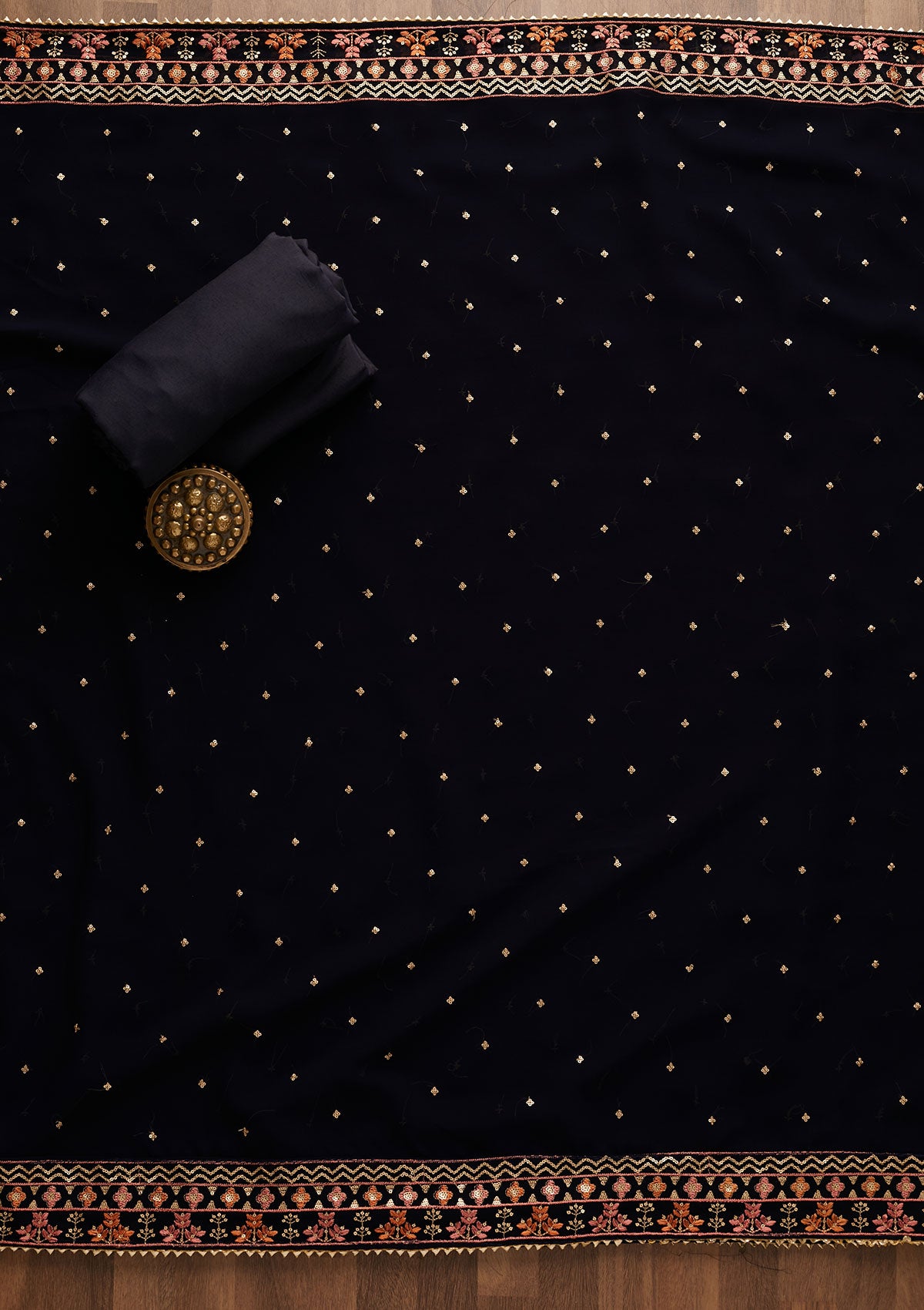Navy Blue Threadwork Georgette Unstitched Salwar Suit-Koskii
