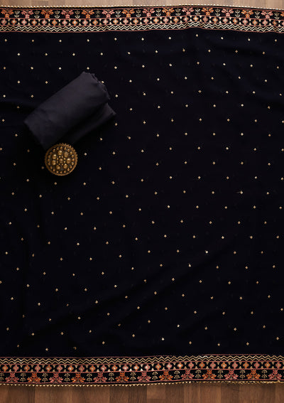 Navy Blue Threadwork Georgette Unstitched Salwar Suit-Koskii