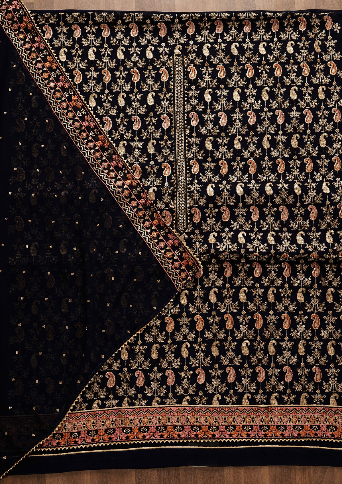 Navy Blue Threadwork Georgette Unstitched Salwar Suit-Koskii