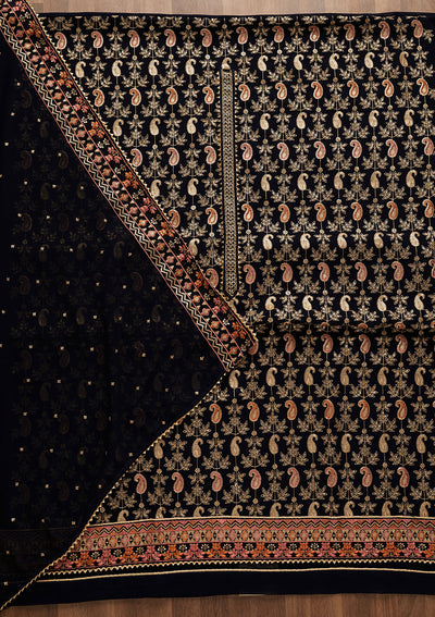 Navy Blue Threadwork Georgette Unstitched Salwar Suit-Koskii