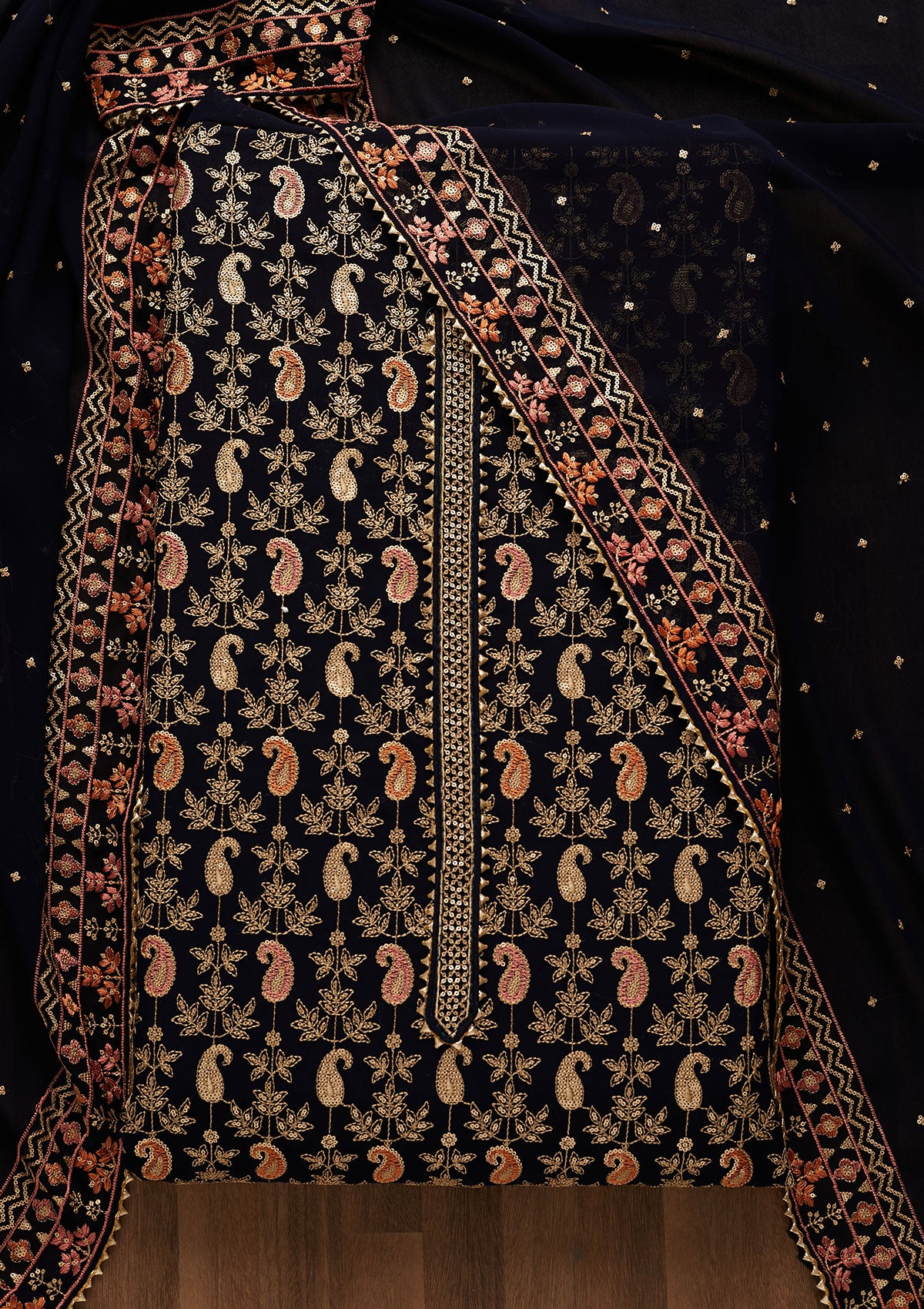 Navy Blue Threadwork Georgette Unstitched Salwar Suit-Koskii
