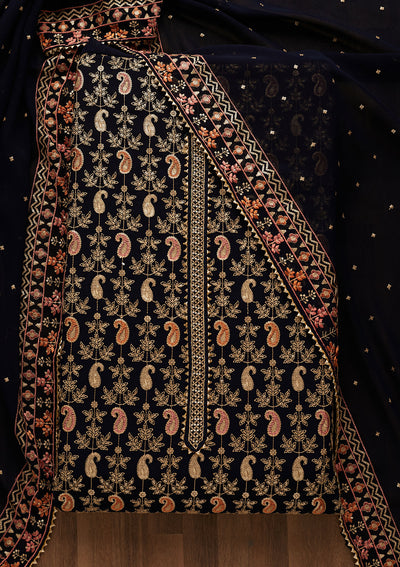 Navy Blue Threadwork Georgette Unstitched Salwar Suit-Koskii