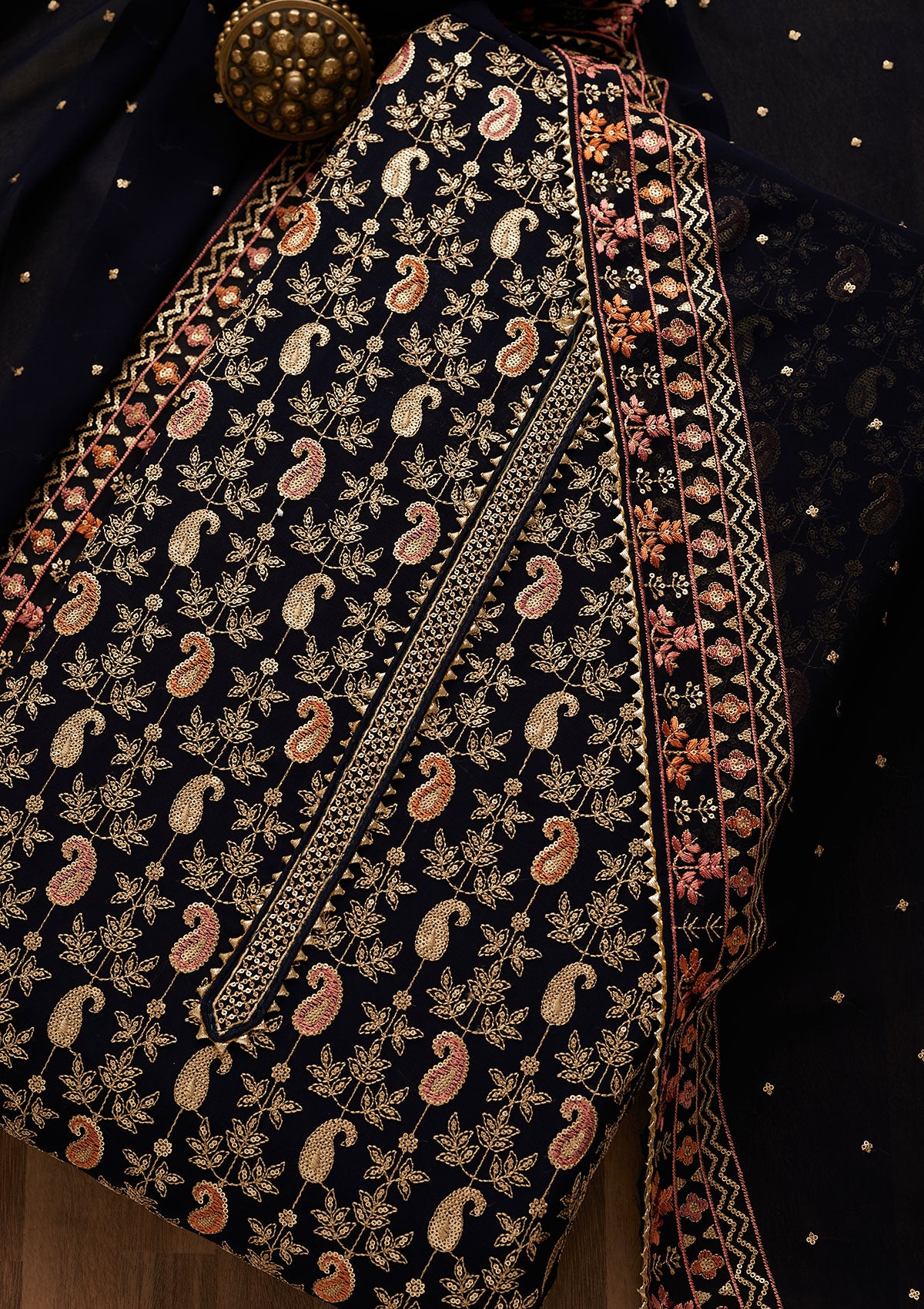 Navy Blue Threadwork Georgette Unstitched Salwar Suit-Koskii