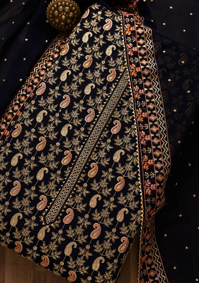 Navy Blue Threadwork Georgette Unstitched Salwar Suit-Koskii