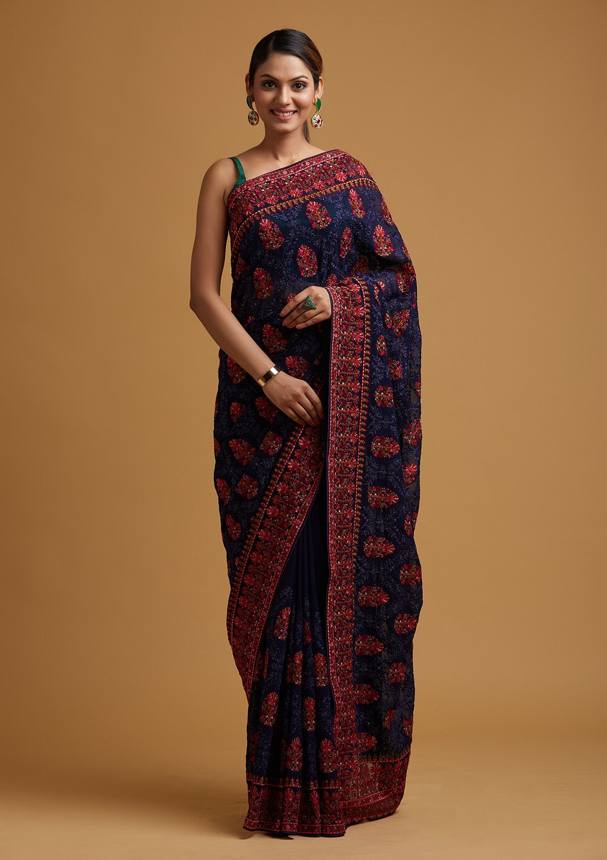 Navy Blue Threadwork Georgette Designer Saree - koskii