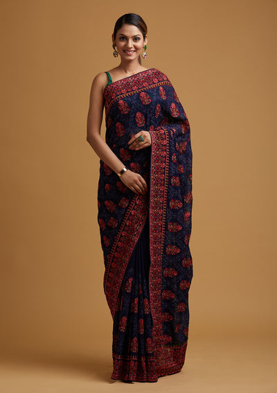 Navy Blue Threadwork Georgette Designer Saree - koskii
