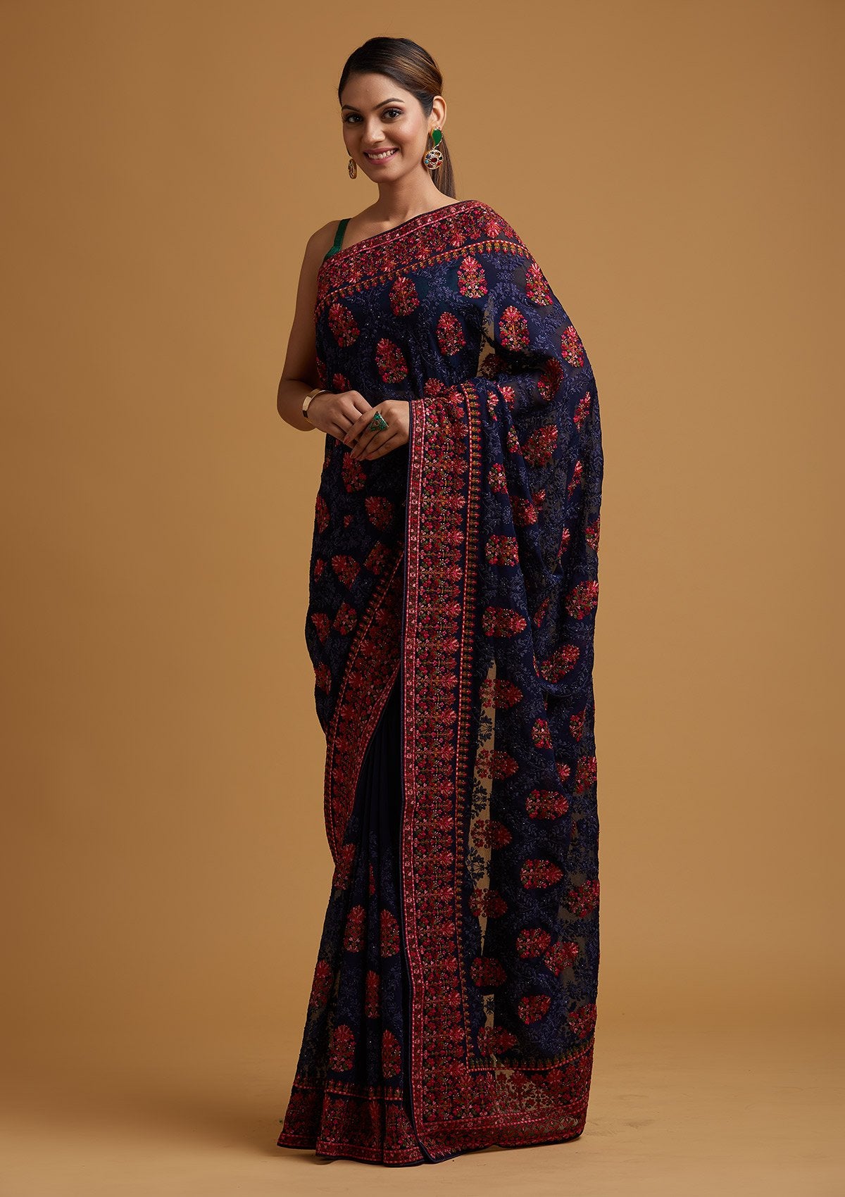 Navy Blue Threadwork Georgette Designer Saree - koskii