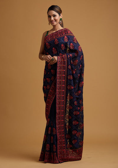 Navy Blue Threadwork Georgette Designer Saree - koskii