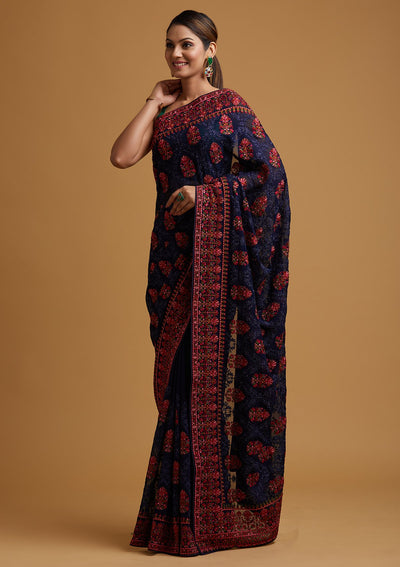 Navy Blue Threadwork Georgette Designer Saree - koskii