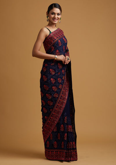 Navy Blue Threadwork Georgette Designer Saree - koskii