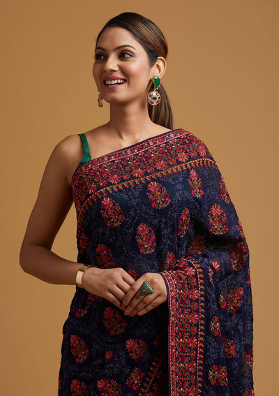 Navy Blue Threadwork Georgette Designer Saree - koskii