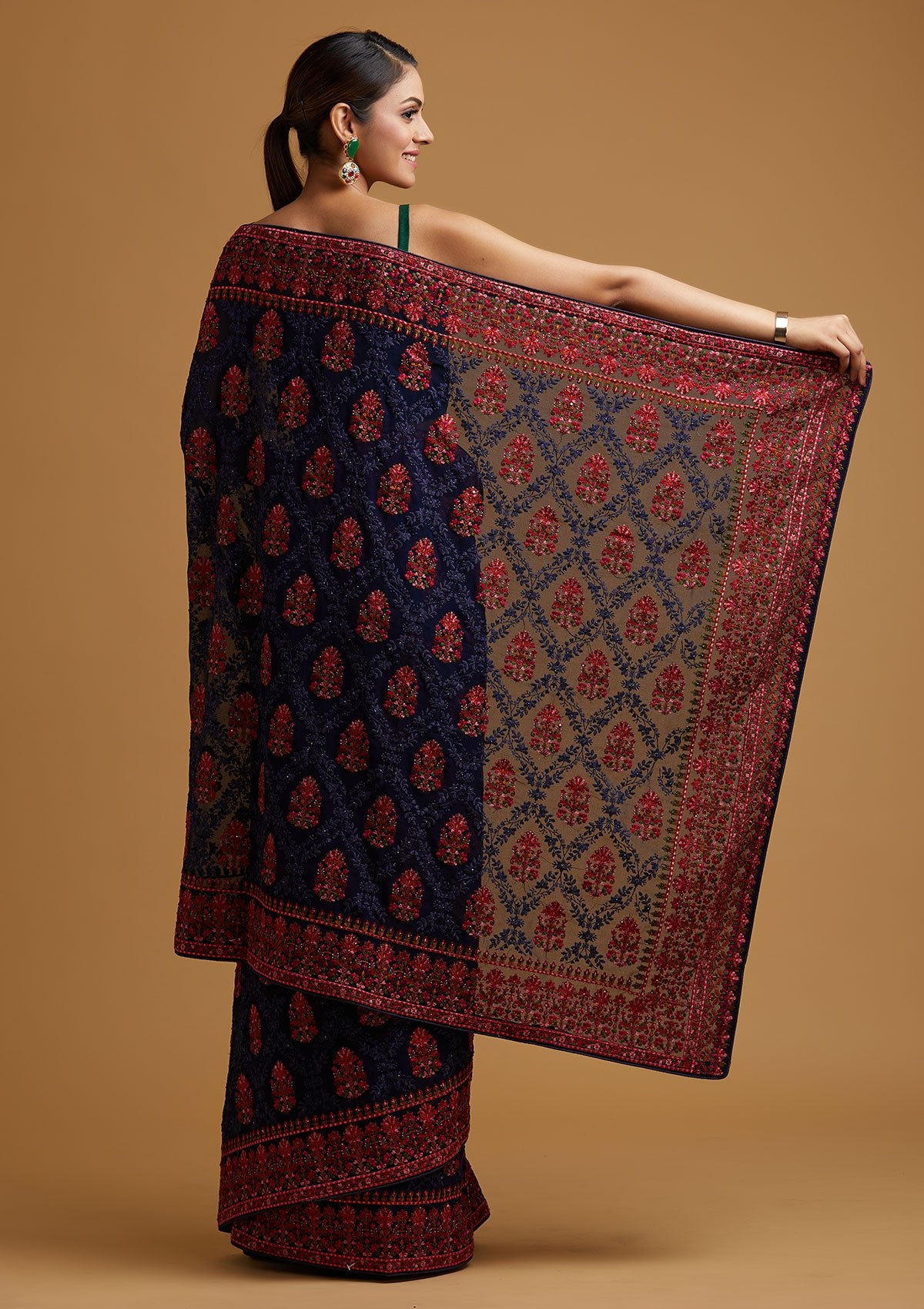 Navy Blue Threadwork Georgette Designer Saree - koskii