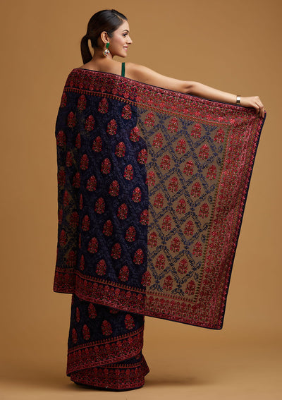Navy Blue Threadwork Georgette Designer Saree - koskii