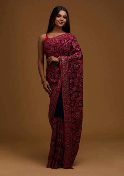 Navy Blue Threadwork Georgette Saree- Koskii