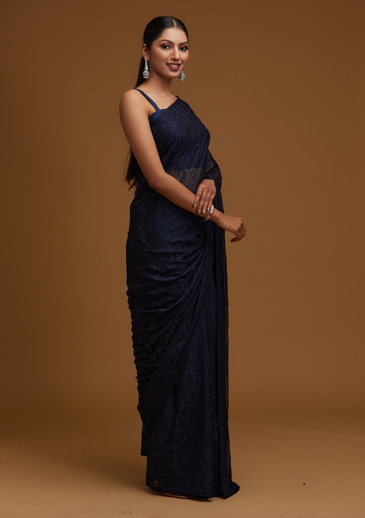 Navy Blue Threadwork Georgette Designer Saree - Koskii