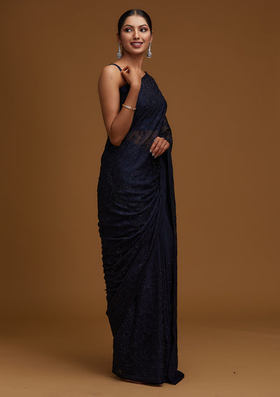 Navy Blue Threadwork Georgette Designer Saree - Koskii