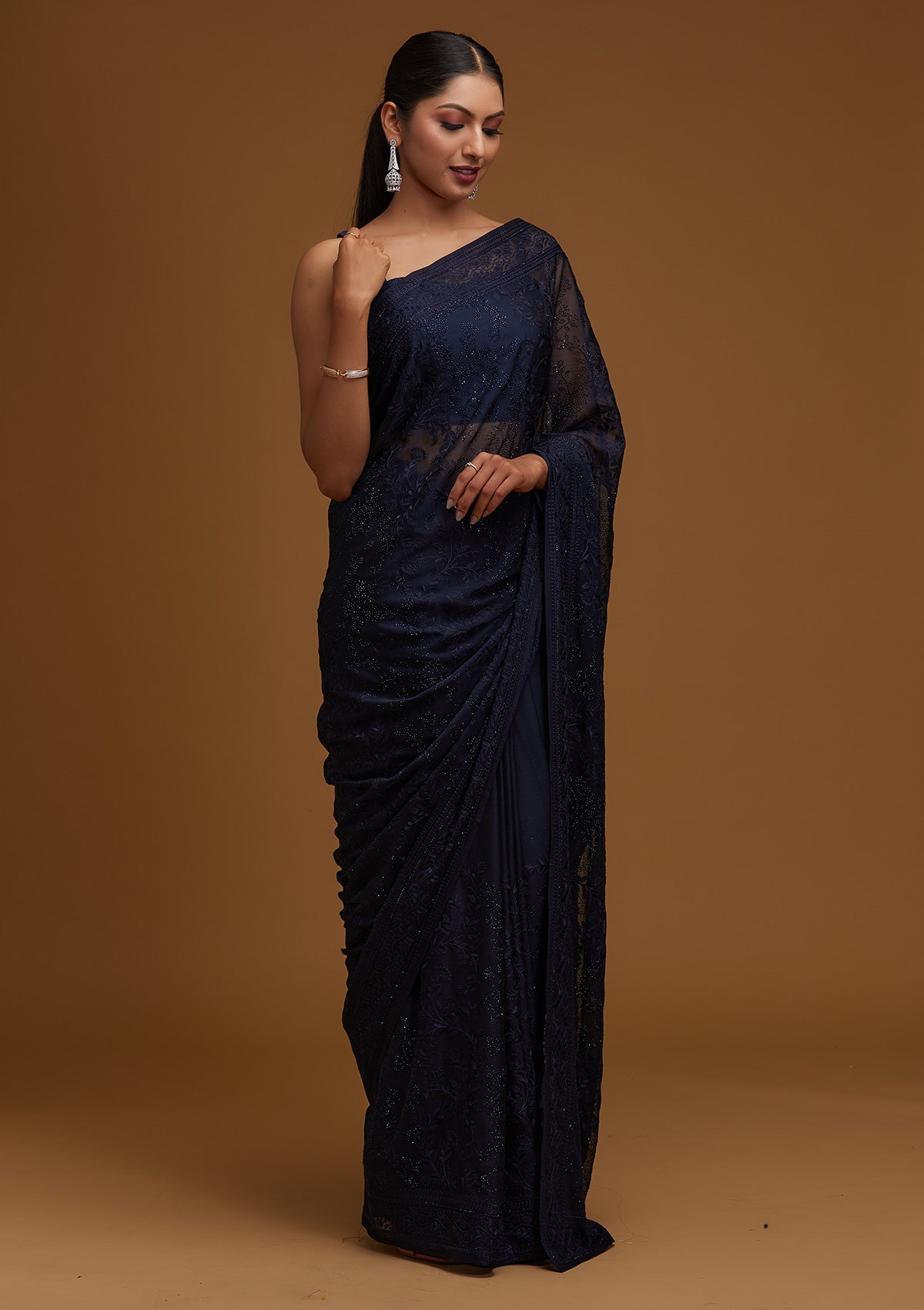 Navy Blue Threadwork Georgette Designer Saree - Koskii