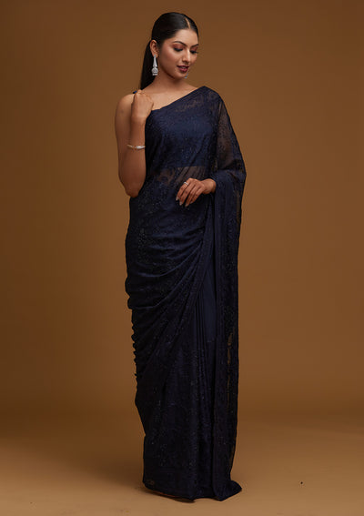 Navy Blue Threadwork Georgette Designer Saree - Koskii