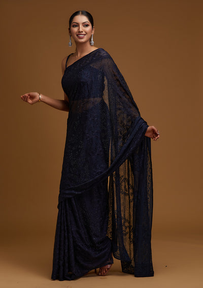 Navy Blue Threadwork Georgette Designer Saree - Koskii