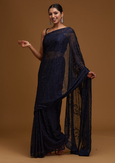 Navy Blue Threadwork Georgette Designer Saree - Koskii